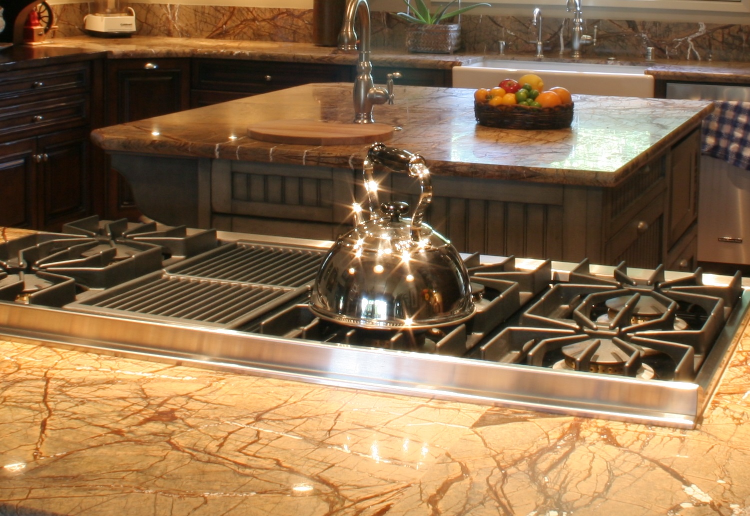 Rain Forest Brown granite, VIking Range, Denim blue island cabinets Rain Forest Brown granite, VIking Range, Denim blue island cabinets